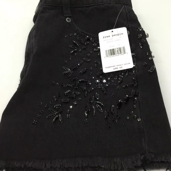 Free People Embellished Black Denim MiniSkirt Sz 4 - Picture 9 of 15